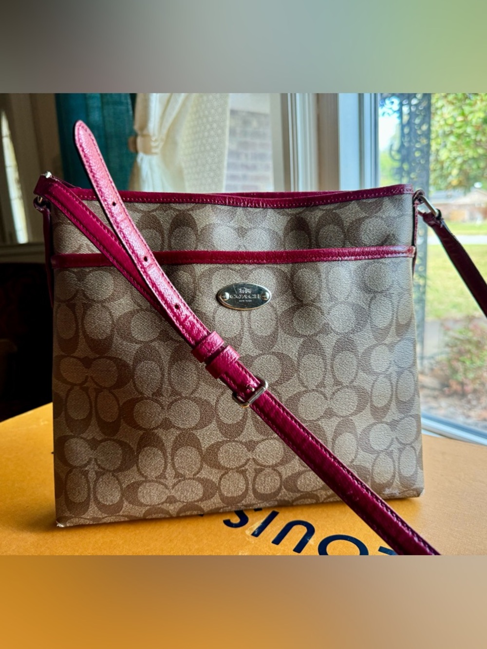 Coach Brown Signature Crossbody with Pink Trim
